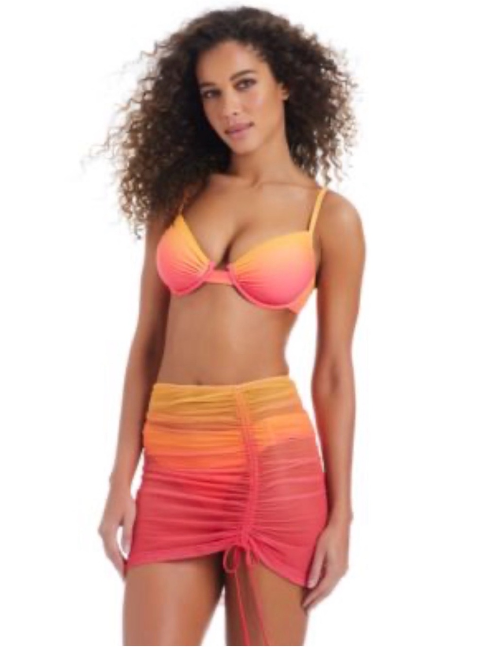Sunset Ombre Ruched Mesh Skirt - Orange Pink